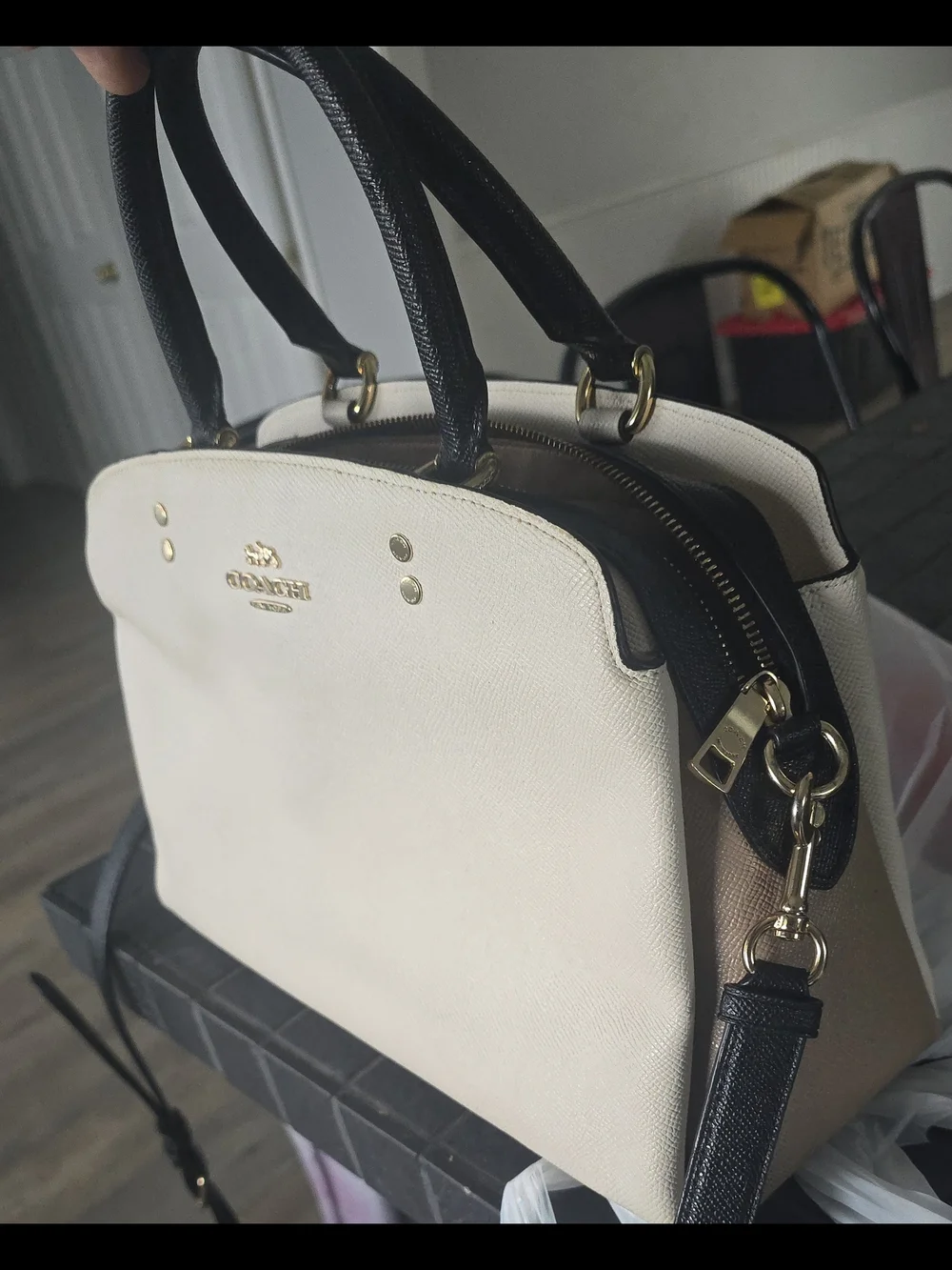 Coach Two-Tone Cream Lillie Satchel with Black Handles